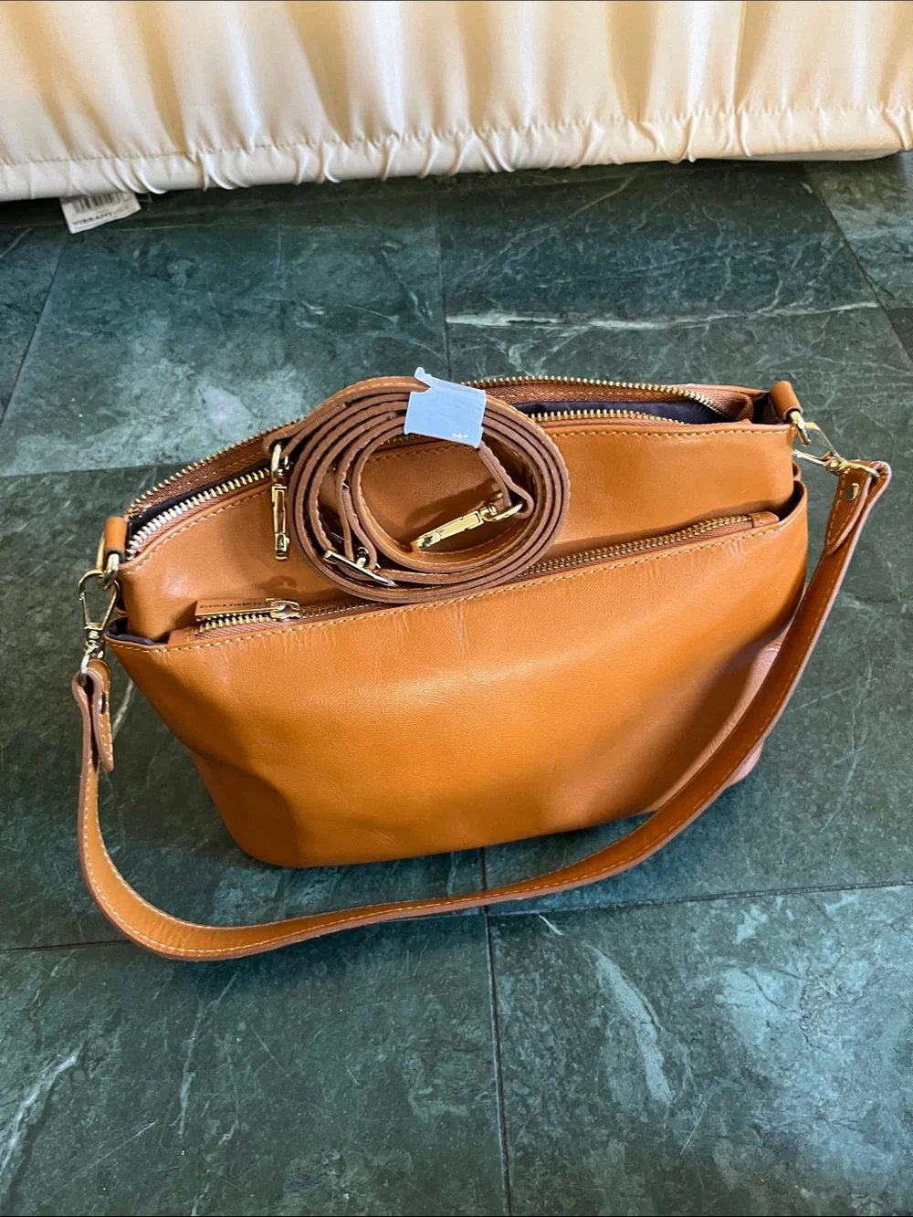 Classic Tan Leather Crossbody Bag with Front Pocket